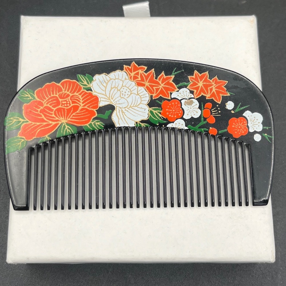 Vintage Japanese Hair Comb Black Lacquer Style Floral‎  Koshi mid century